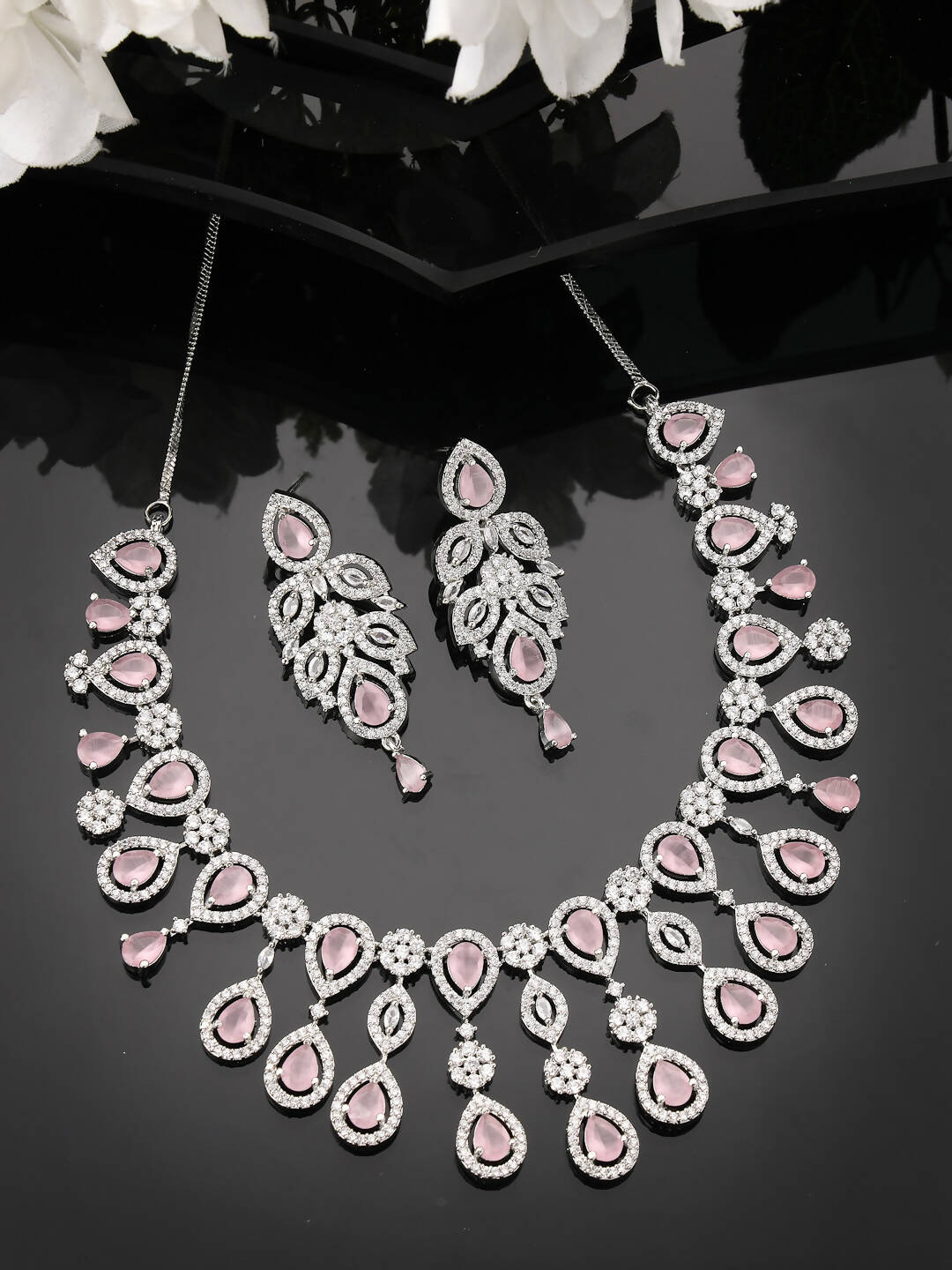 NVR Women Silver Plated & Pink Cz Stone Handcrafted Jewellery Set