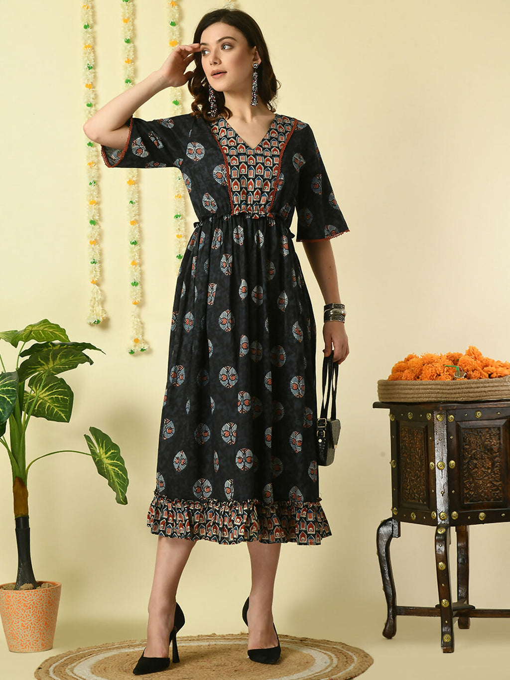 Myshka Women's Black Printed Cotton Party Dress - Distacart