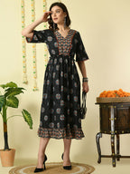 Myshka Women's Black Printed Cotton Party Dress - Distacart