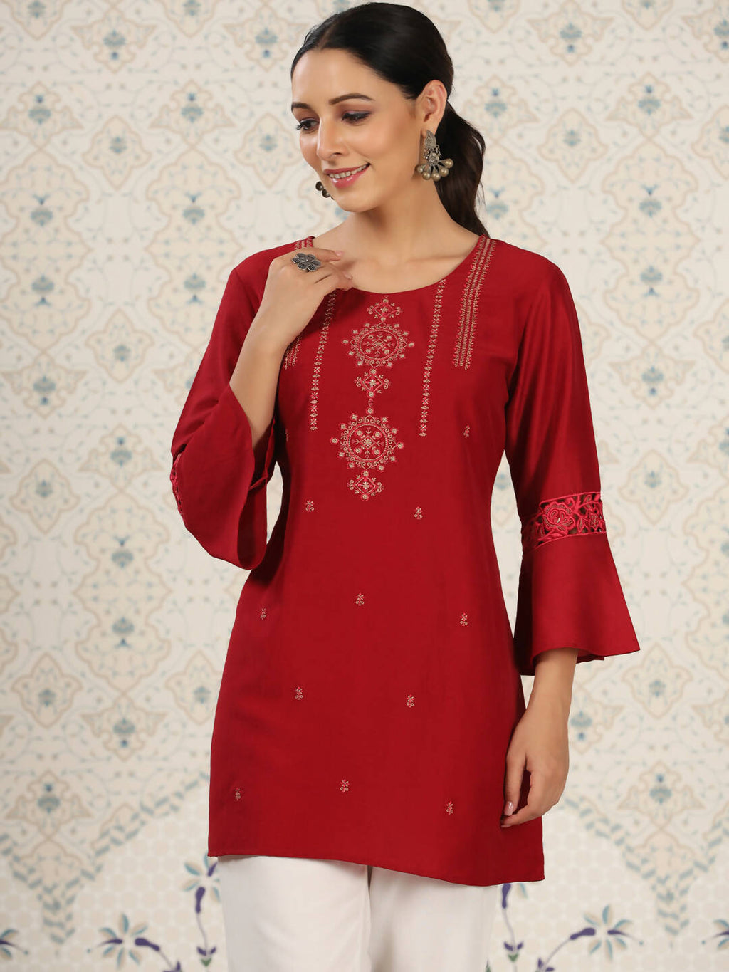 Red Chinon Embroidered Straight Top - Zeny