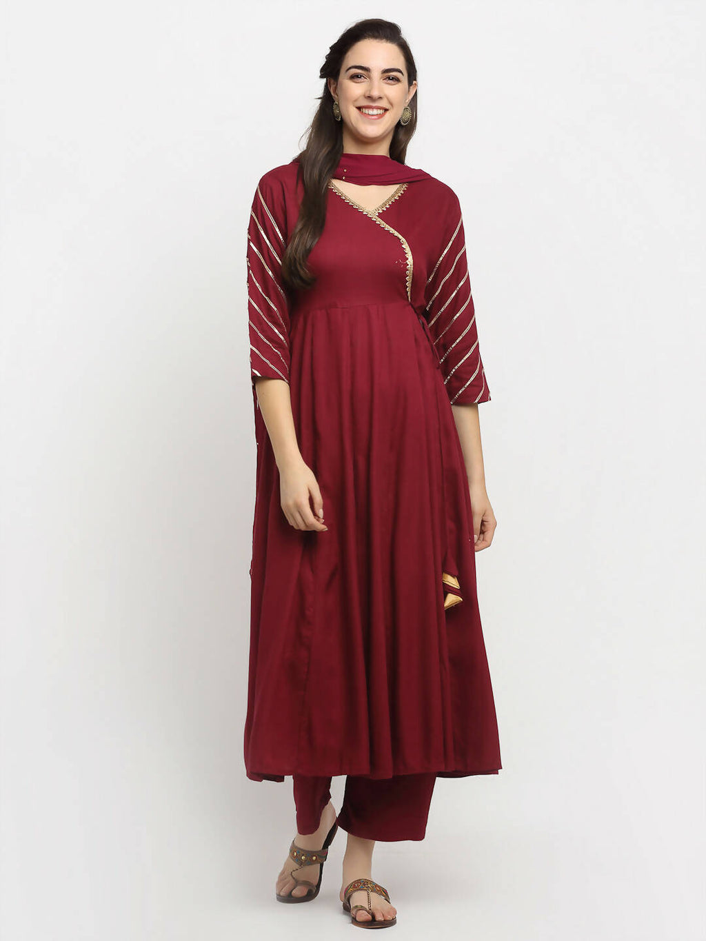 Rudra Bazaar Wine Angrakha Style Flared Anarkali Kurta with Pyjamas & Dupatta - Distacart