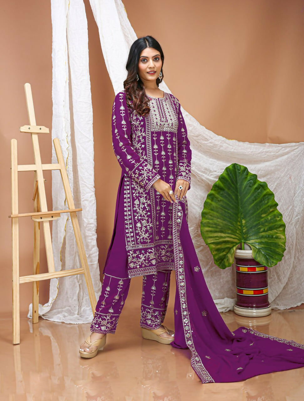 Teeya Creation Wine Faux Georgette Embroidery Work Wedding Wear Salwar Suit - Distacart
