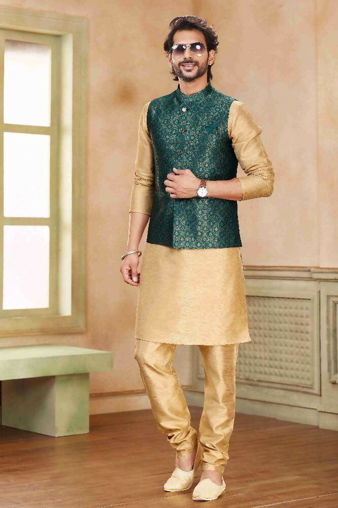 Raivat Ethnic Jacquard Banarasi Silk Woven Work 3 Pics Jacket Set In Green Colour - Distacart