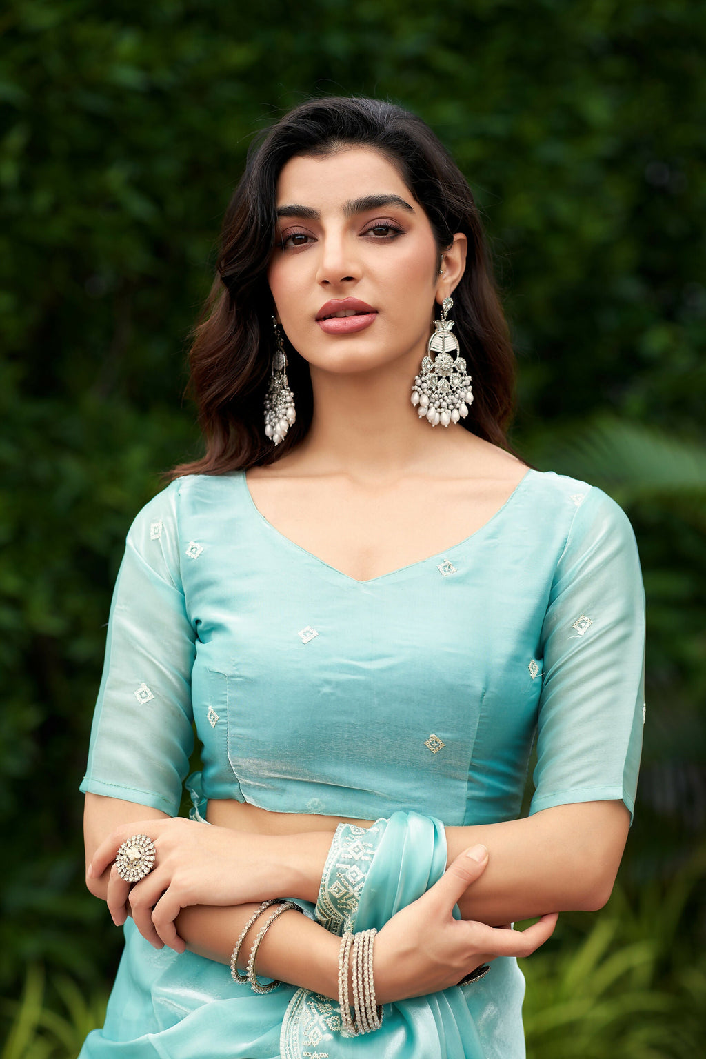 Vastranavya Turquoise Embroidery Work Shimmer Chiffon Saree with Unstitched Blouse - Distacart