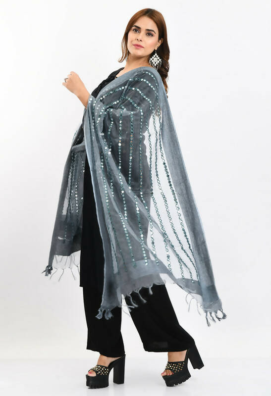 Mominos Fashion Moeza Women's Orgenza Mirror Stripe Thread Work Grey Dupatta - Distacart