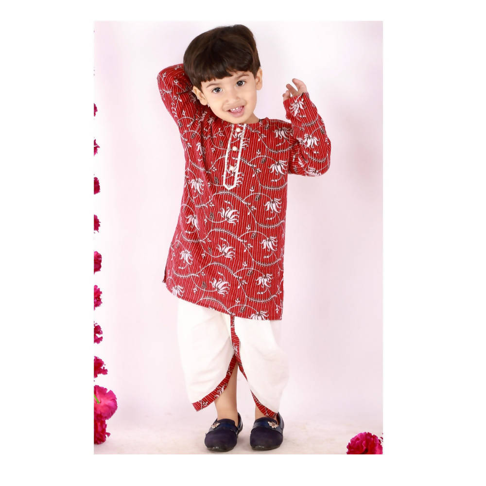 Little Bansi Boys Brown and White Color Bengali Kantha work floral kurta & Dhoti