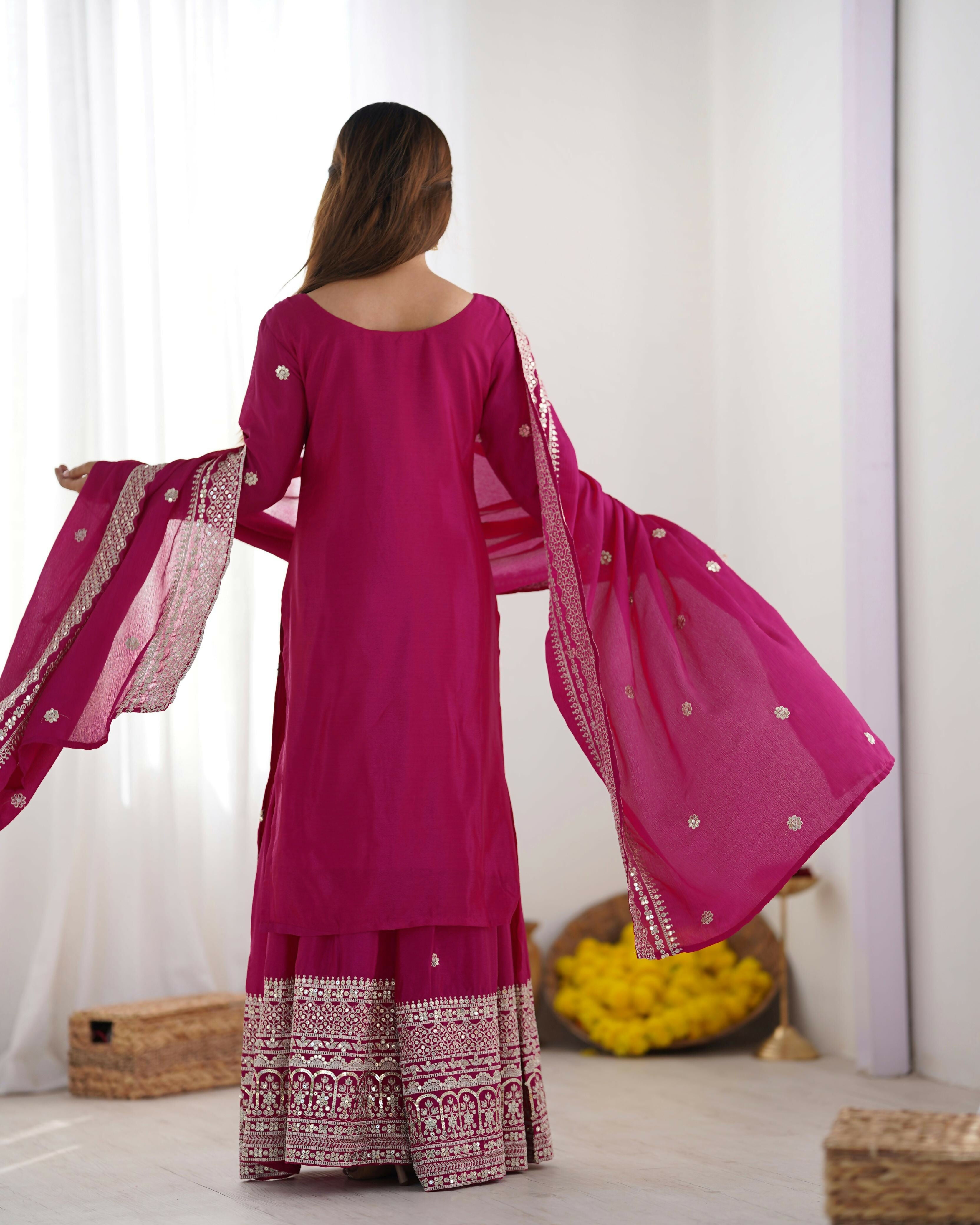 Joban Fashion Pink Kurta Set Silk Sequins , Zari, Coding & Thread Embroidered work - Distacart