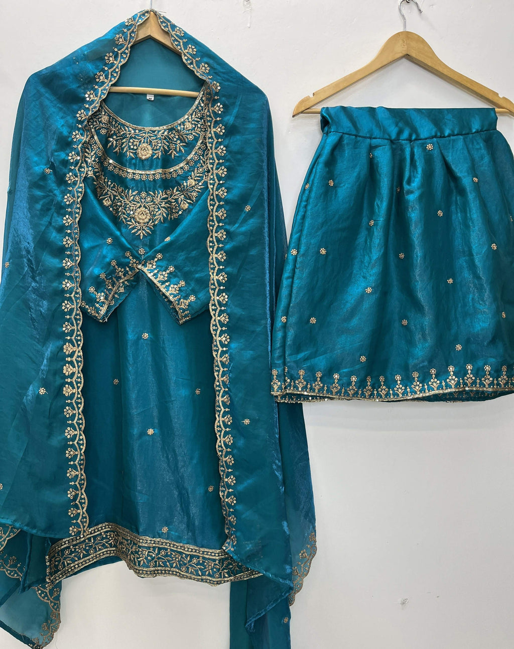 Teeya Creation Teal Color Fendy Satin Silk Heavy Embroidery Work Sharara Suit - Distacart