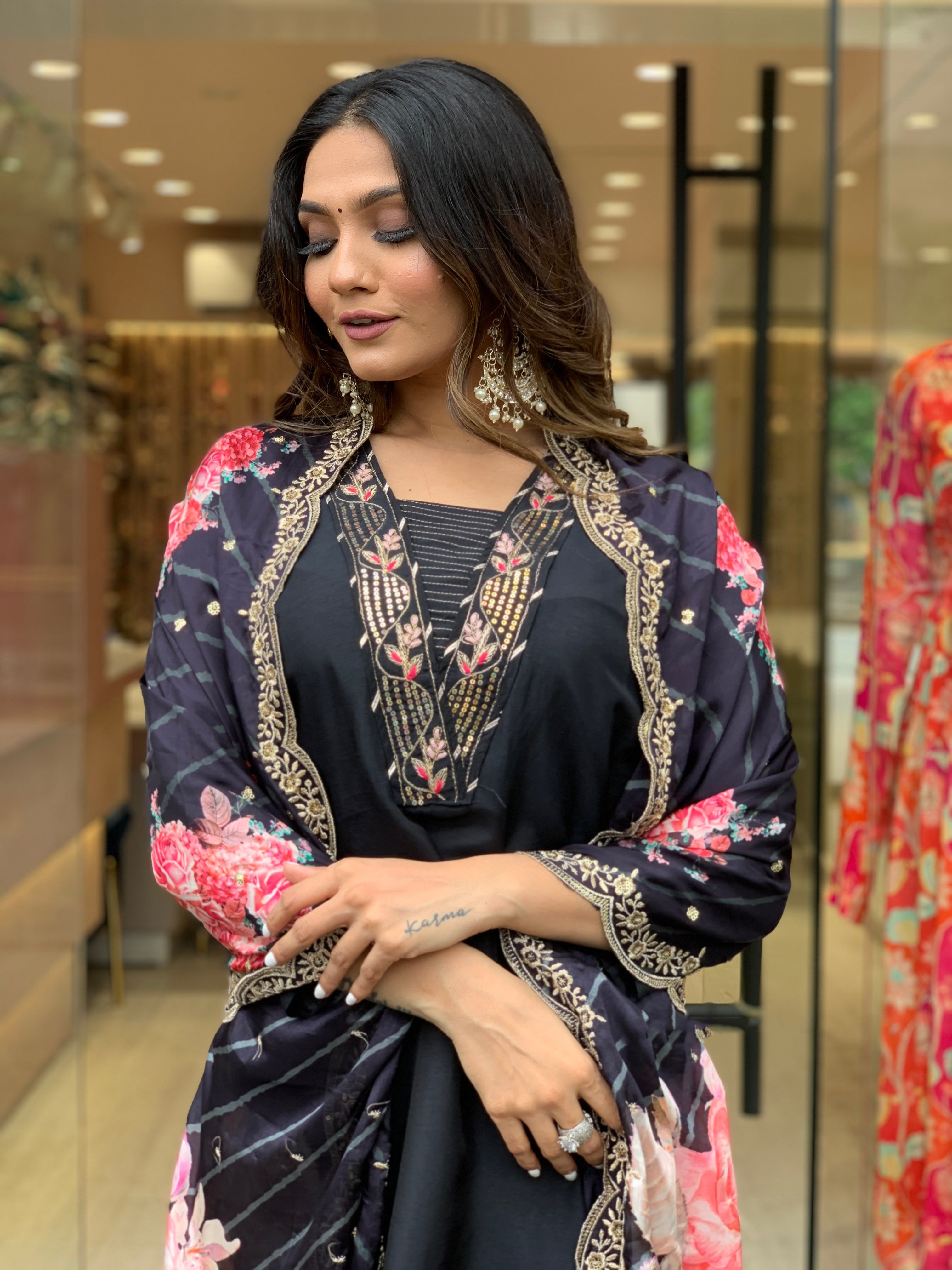 Yash Enterprise Black Rayon Embroidery Party Wear Suit Set - Distacart