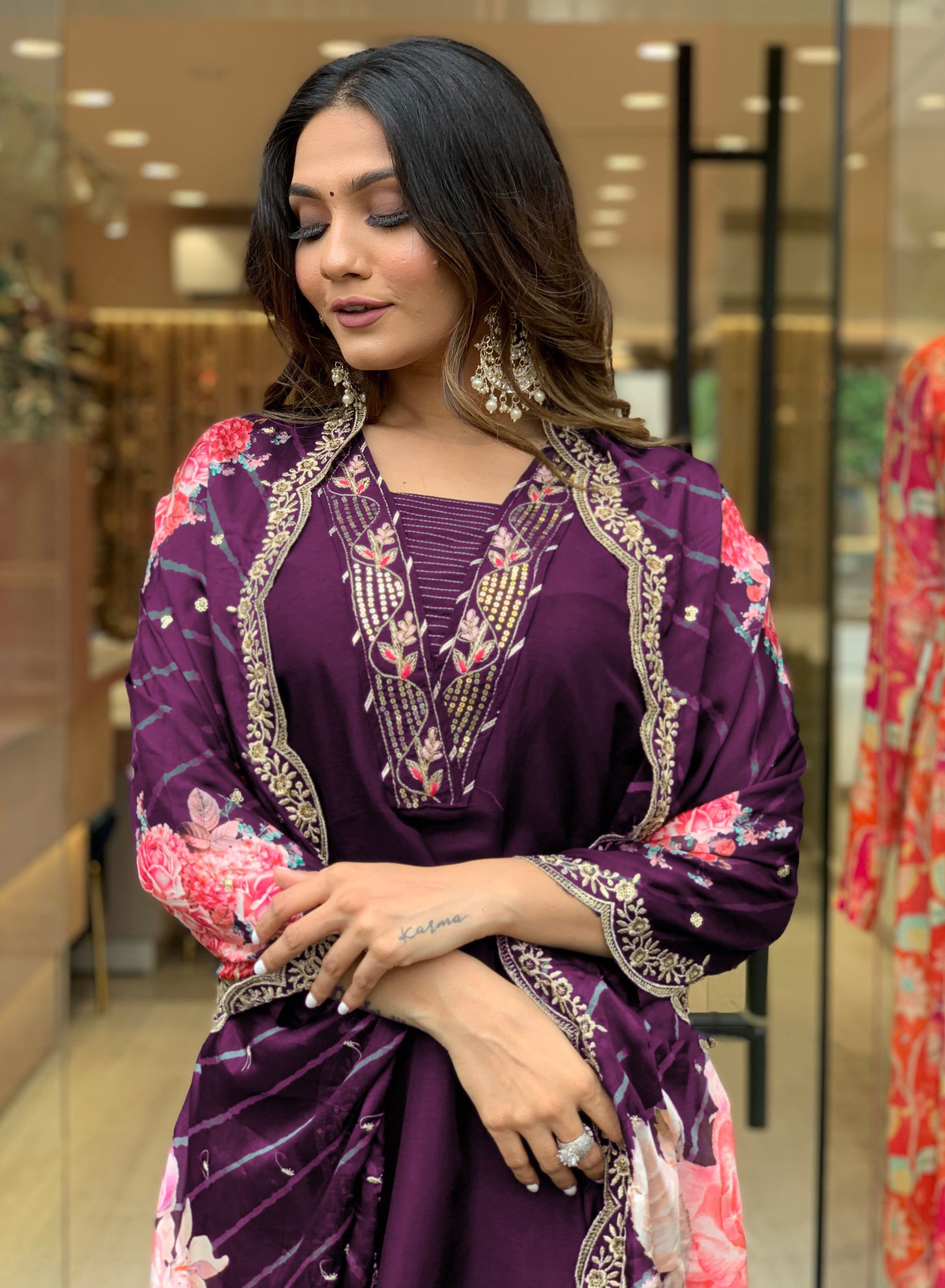 Yash Enterprise Wine Rayon Embroidery Party Wear Suit Set - Distacart