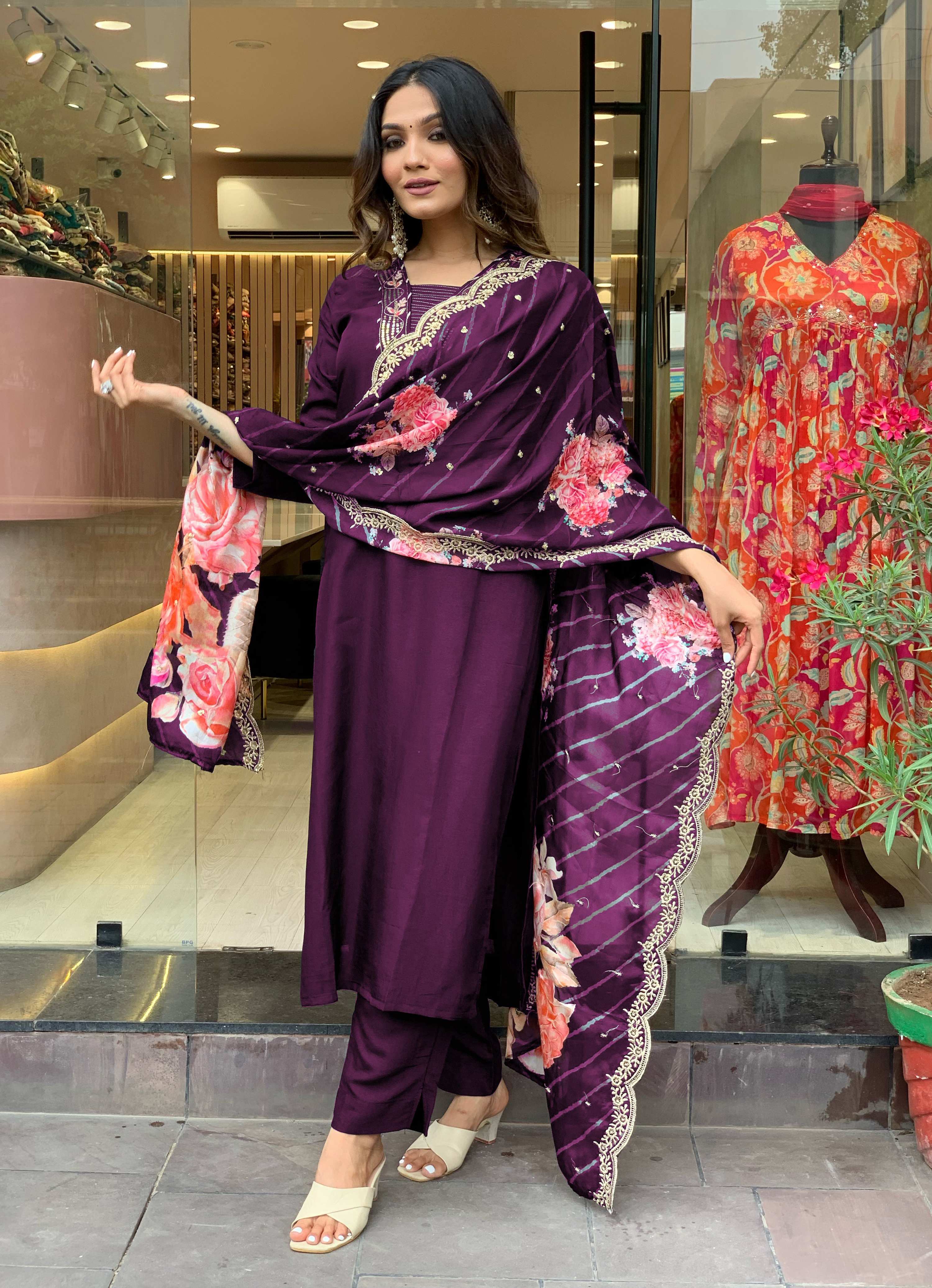 Yash Enterprise Wine Rayon Embroidery Party Wear Suit Set - Distacart