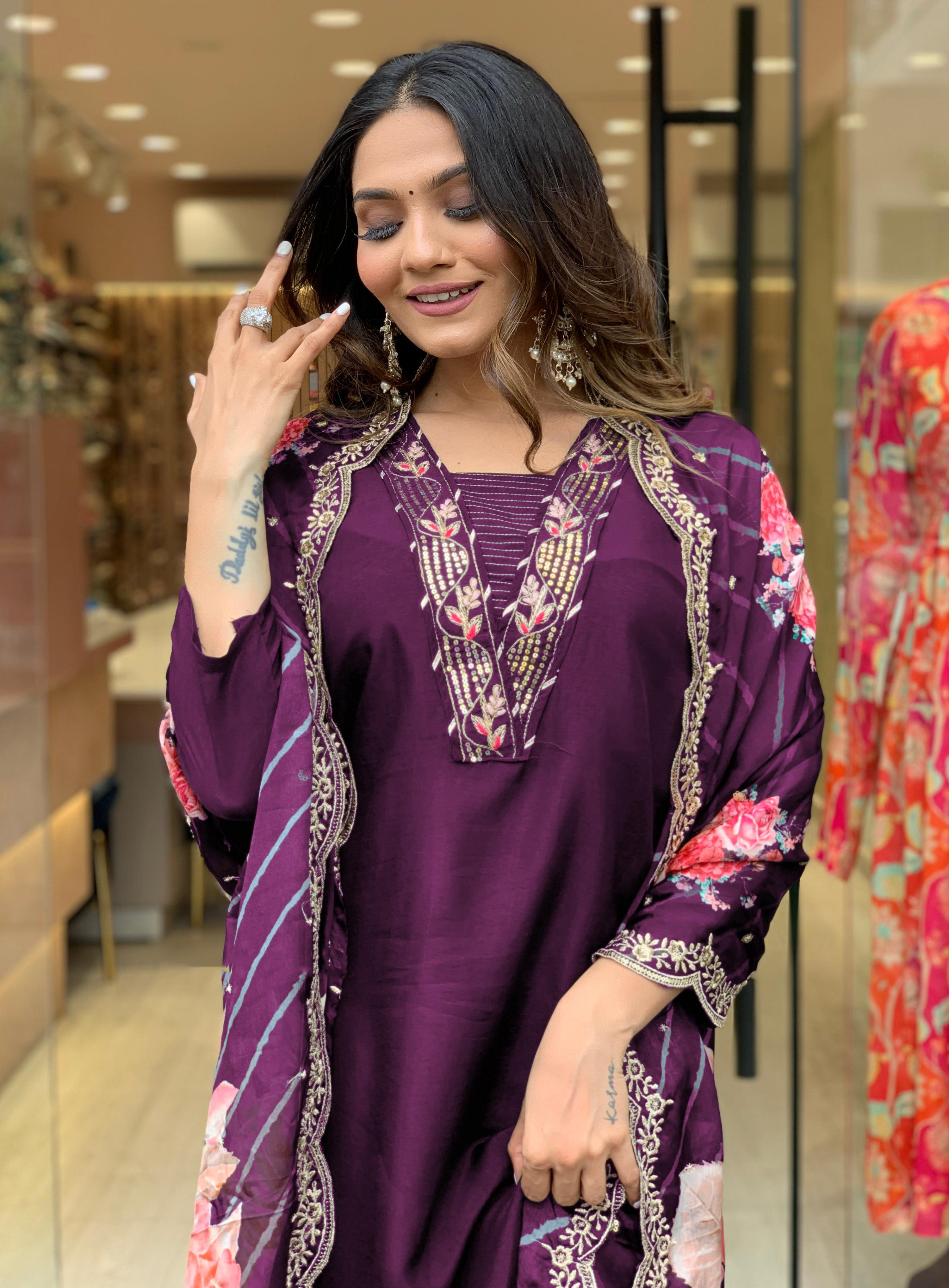 Yash Enterprise Wine Rayon Embroidery Party Wear Suit Set - Distacart