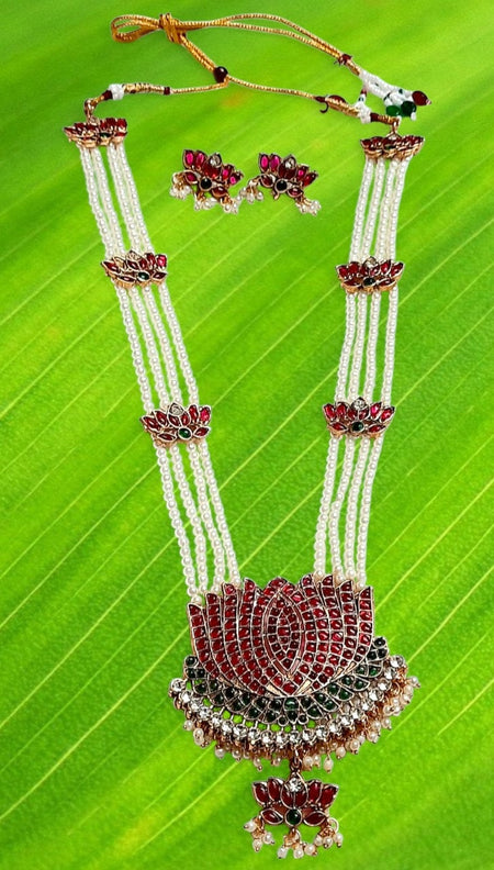 Elite Trading Bridal Lotus Maharani Haar with Earrings Antique Gold Temple Style Long Necklace Set