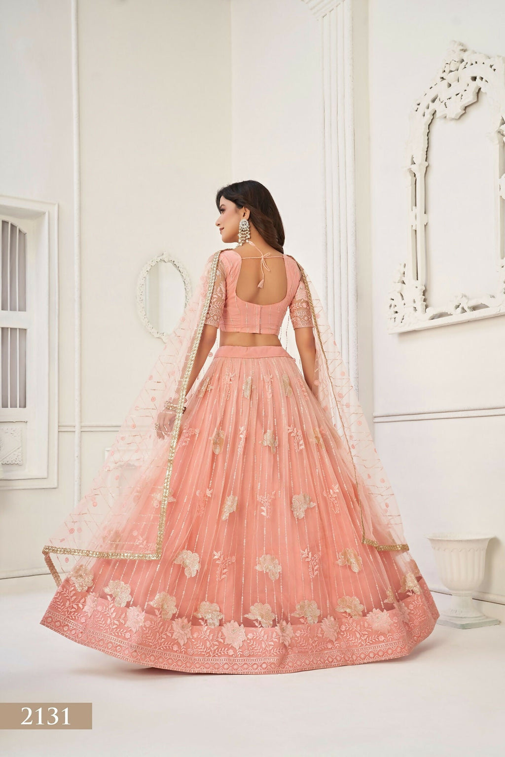 Eilara Women'S Peach Butterfly Net With Sequins And Embroidery Work Lehenga Choli For Party Wear