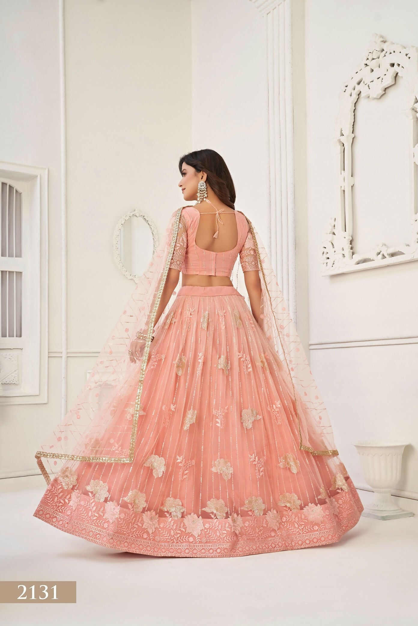 Eilara Women'S Peach Butterfly Net With Sequins And Embroidery Work Lehenga Choli For Party Wear
