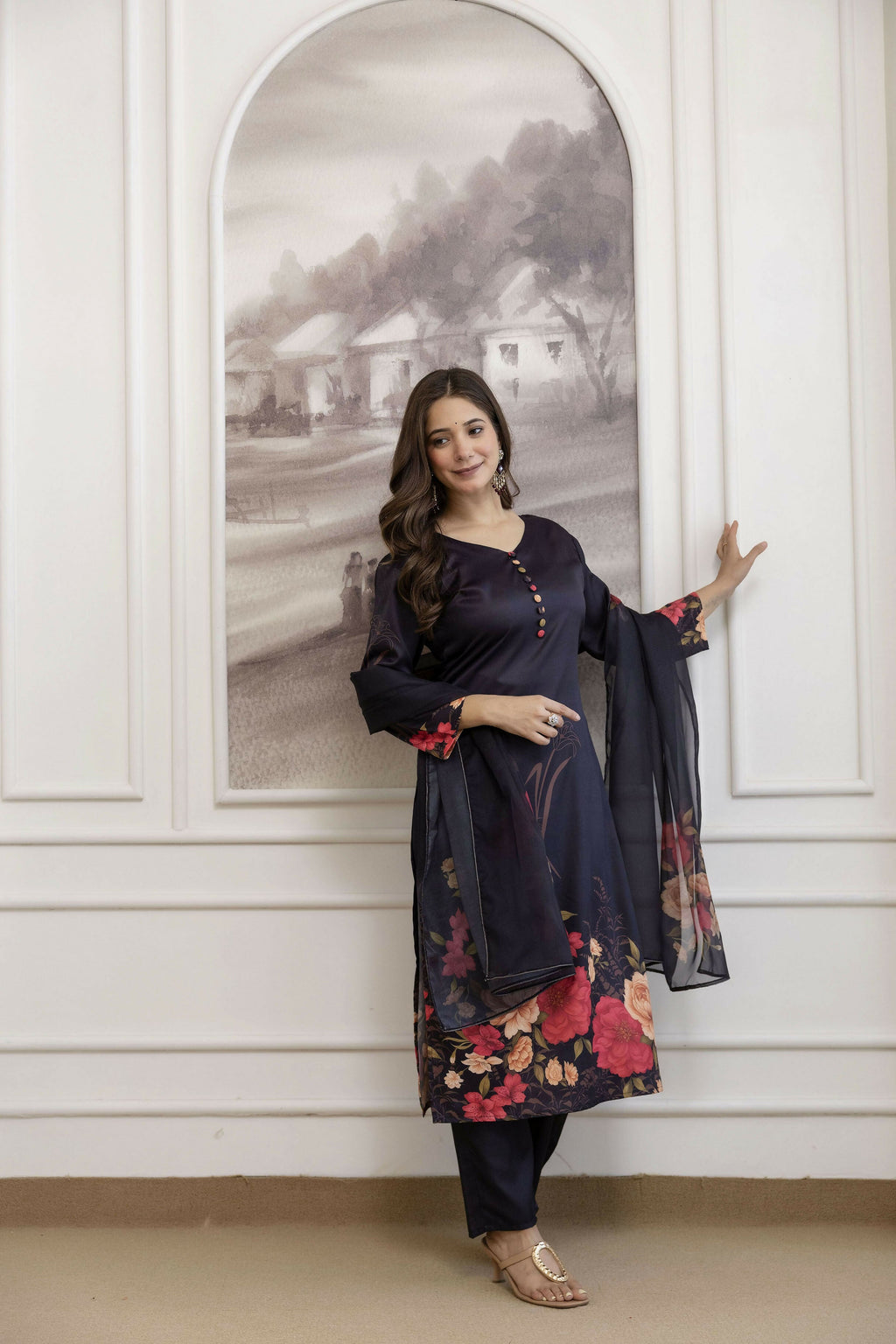 The52 Women's Beautiful Soft Assam Fabric Printed Work A-line Kurta Pant and Dupatta Set - Distacart