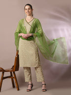 Myshka Women's Multi Printed Cotton Straight Party Kurta Set With Dupatta