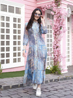Light Blue Crepe Foil Printed Long Dress - Michan - Distacart