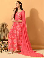 Myshka Women's Pink Festive Flared Anarkali Kurta With Dupatta sets