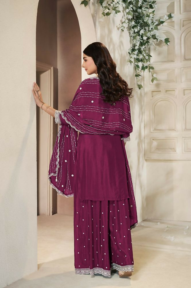 Ethnic Festive Wear Premium Chinon Fabric Wine Stitched Suit With Dupatta-Zeeya