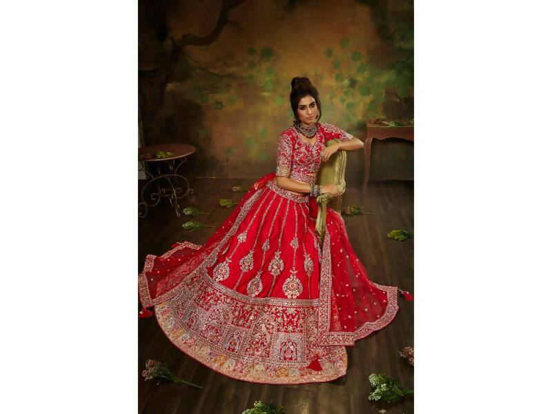 House of Panchhi Red Pure Silk Moti & Zarkan heavy embroidery Lehenga choli & Dupatta