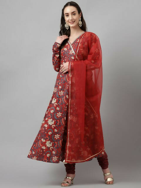 FIORRA Women's Maroon Pure Cotton Flared Kurta Pant With Dupatta