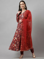 FIORRA Women's Maroon Pure Cotton Flared Kurta Pant With Dupatta