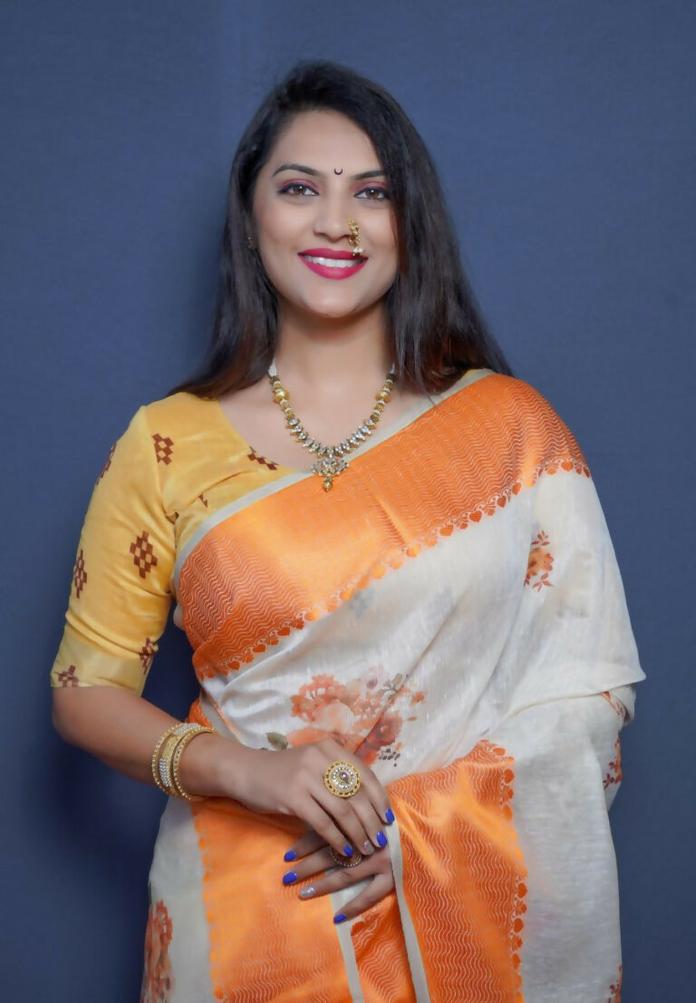 Jyoti Fashion Women's Orange Linen Silk Digital Print with Jacquard Woven Border Saree with Blouse