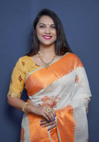 Jyoti Fashion Women's Orange Linen Silk Digital Print with Jacquard Woven Border Saree with Blouse