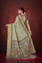 Pista Green Poly Habotai Silk Foil Print Saree with Unstitched Blouse - Kathari