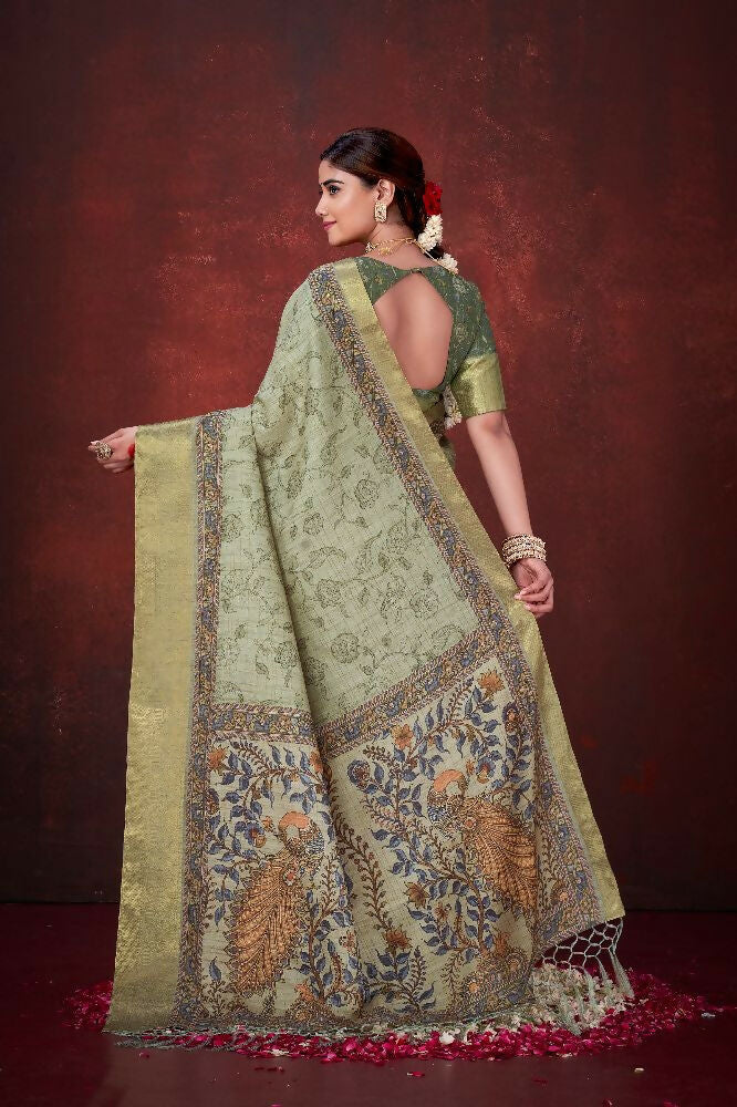Pista Green Poly Habotai Silk Foil Print Saree with Unstitched Blouse - Kathari