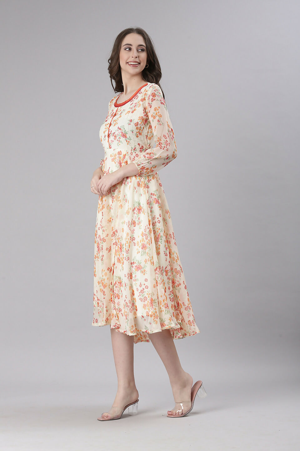 Souchii Cream Floral Printed Fit & Flare Dress