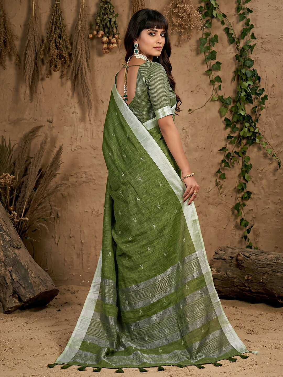 Shree Shyam Fashion Green Linen Cotton Saree - Distacart