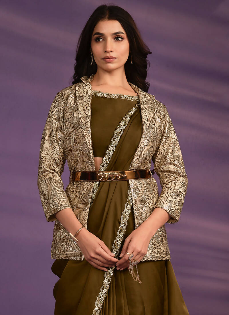 Olive Crepe Shimmer Silk Embroidered Saree With Stitched Blouse - Mohmanthan Exotica
