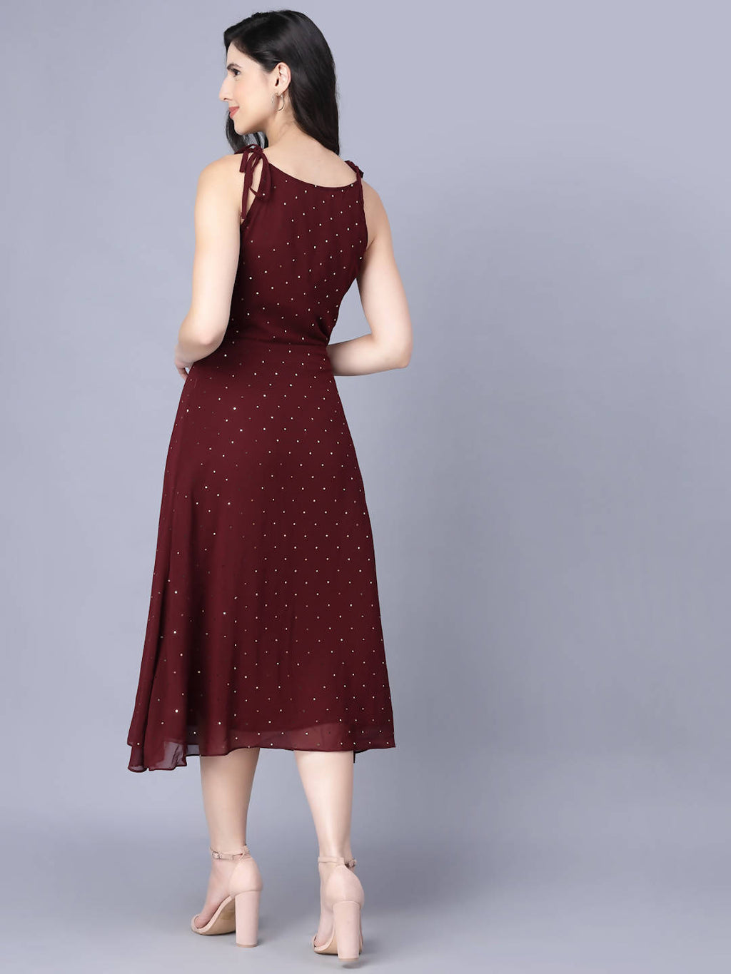 Myshka Georgette Solid Sleeveless Shoulder Straps Maroon Women Dress - Distacart