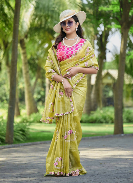 Teeya Creation Olive Color Pure Paper Silk Heavy Embroidery Work Wedding Wear Saree