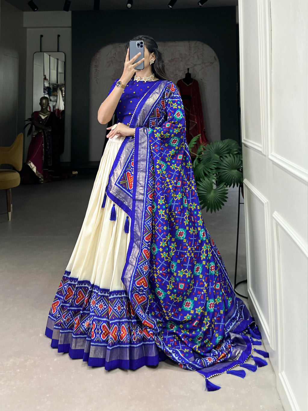 Lorenvalley Offwhite and Royalblue Tussar Silk Patola Print Lehenga Choli