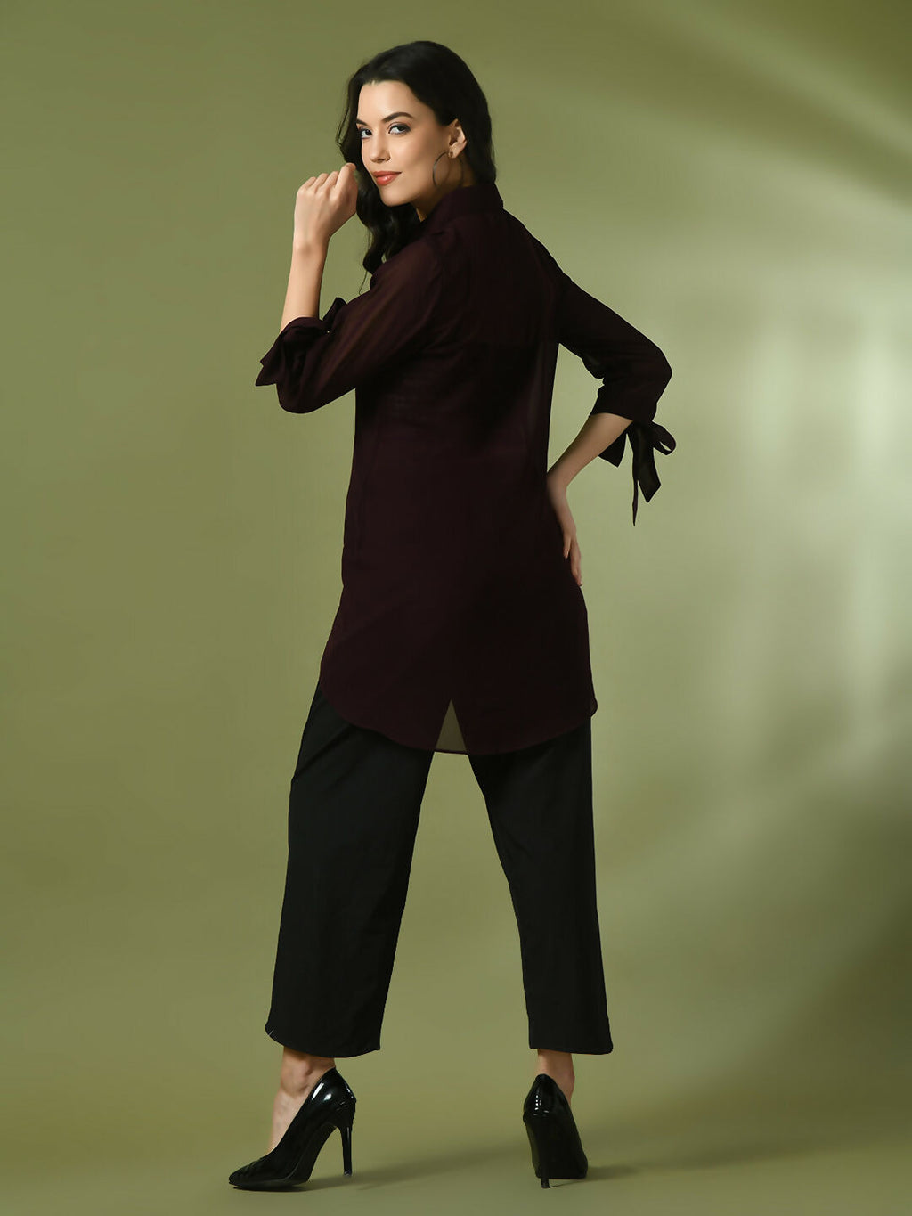 Myshka Women's Coffee Brown Solid Georgette Longline Party Sheer Tunic
