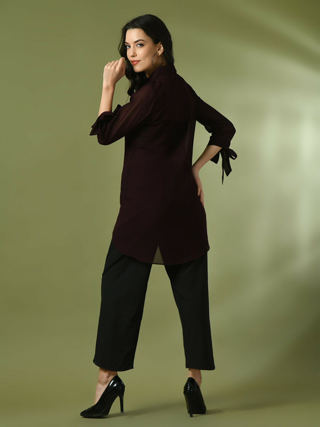 Myshka Women's Coffee Brown Solid Georgette Longline Party Sheer Tunic