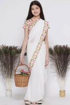 Little Bansi Floral Print Ready To Wear Saree And Floral Blouse - White