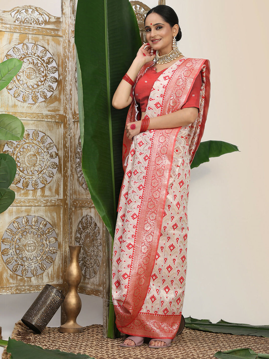 Shree Shyam Fashion Linen Cotton Red & White Saree - Distacart