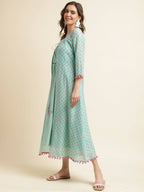 Sea Green Cotton Solid Flared Dress with Printed Shrug - Yukti - Distacart