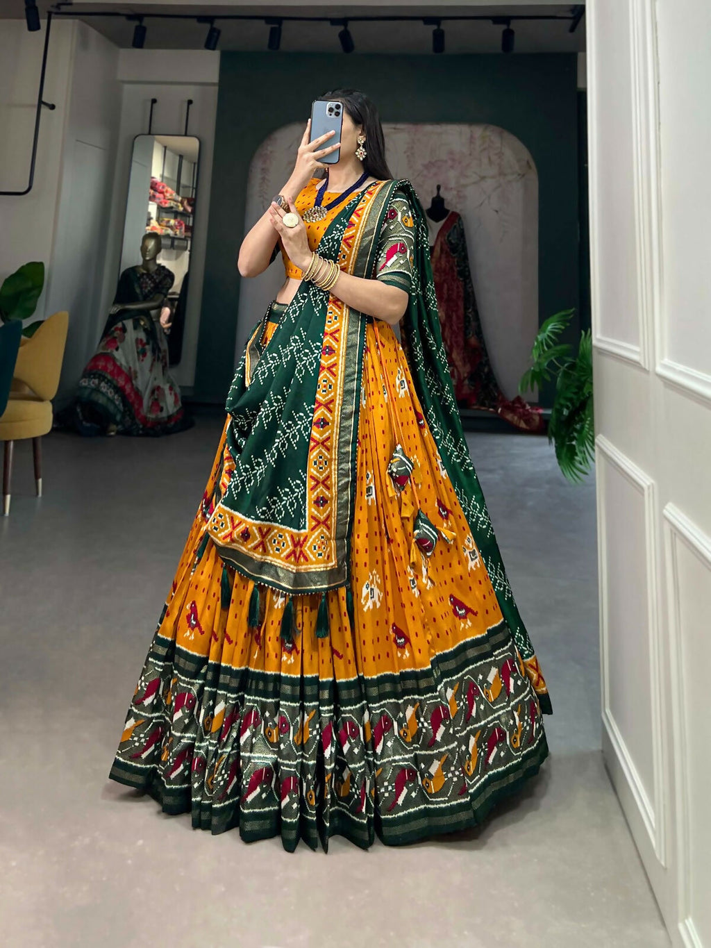 Vastranavya Traditional Ikkat Patola Print Tussar Silk Lehenga Choli - Mustard
