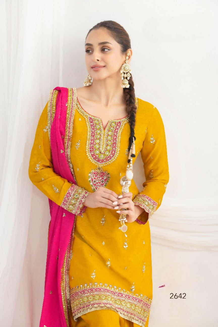 Anaita Mustard Chinon Readymade Suit with Embroidery Coding & Sequence Work - Distacart