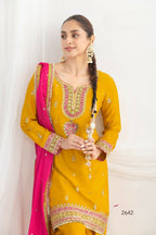 Anaita Mustard Chinon Readymade Suit with Embroidery Coding & Sequence Work - Distacart