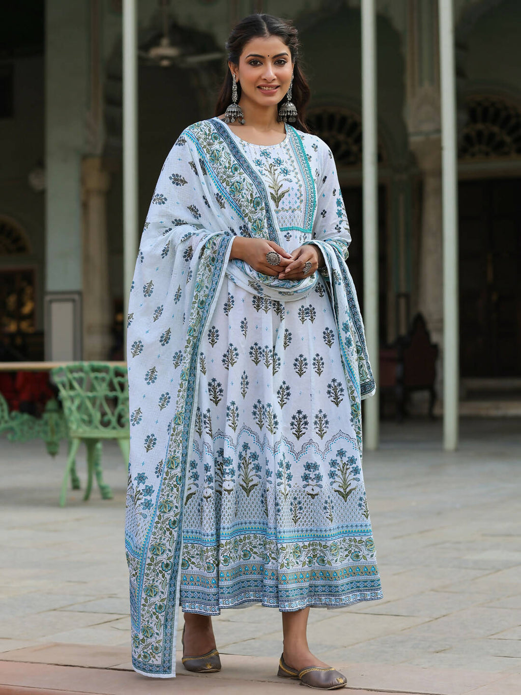 Juniper Women's Skyblue Cambric Floral Placement Kurta Dupatta Sets - Distacart