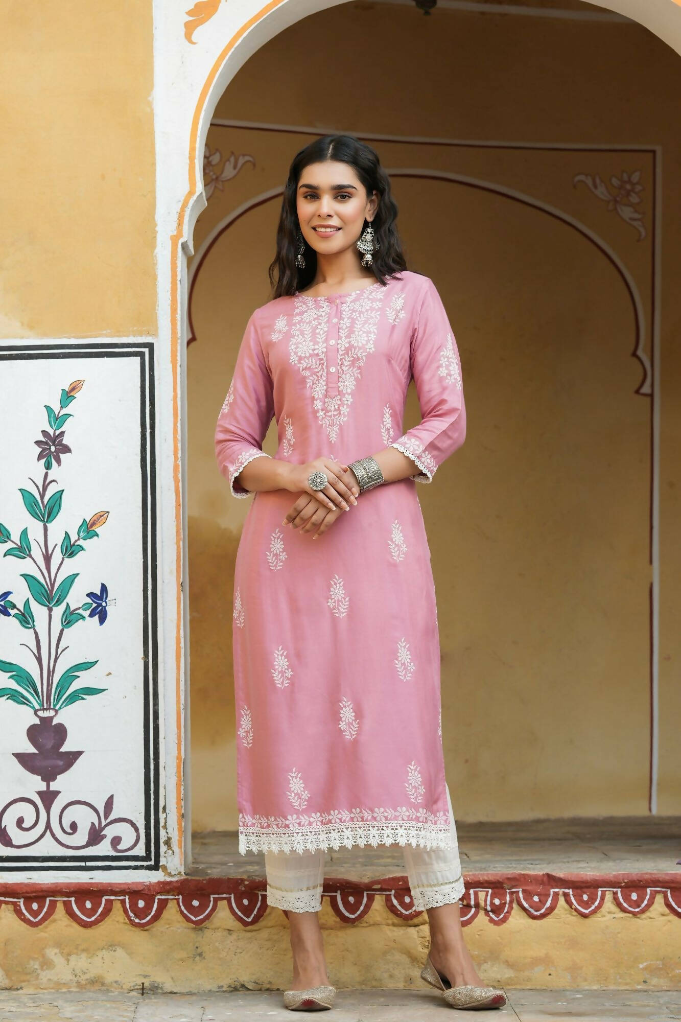 Juniper Women's Onionpink Shantoon Printed Straight Kurta - Distacart
