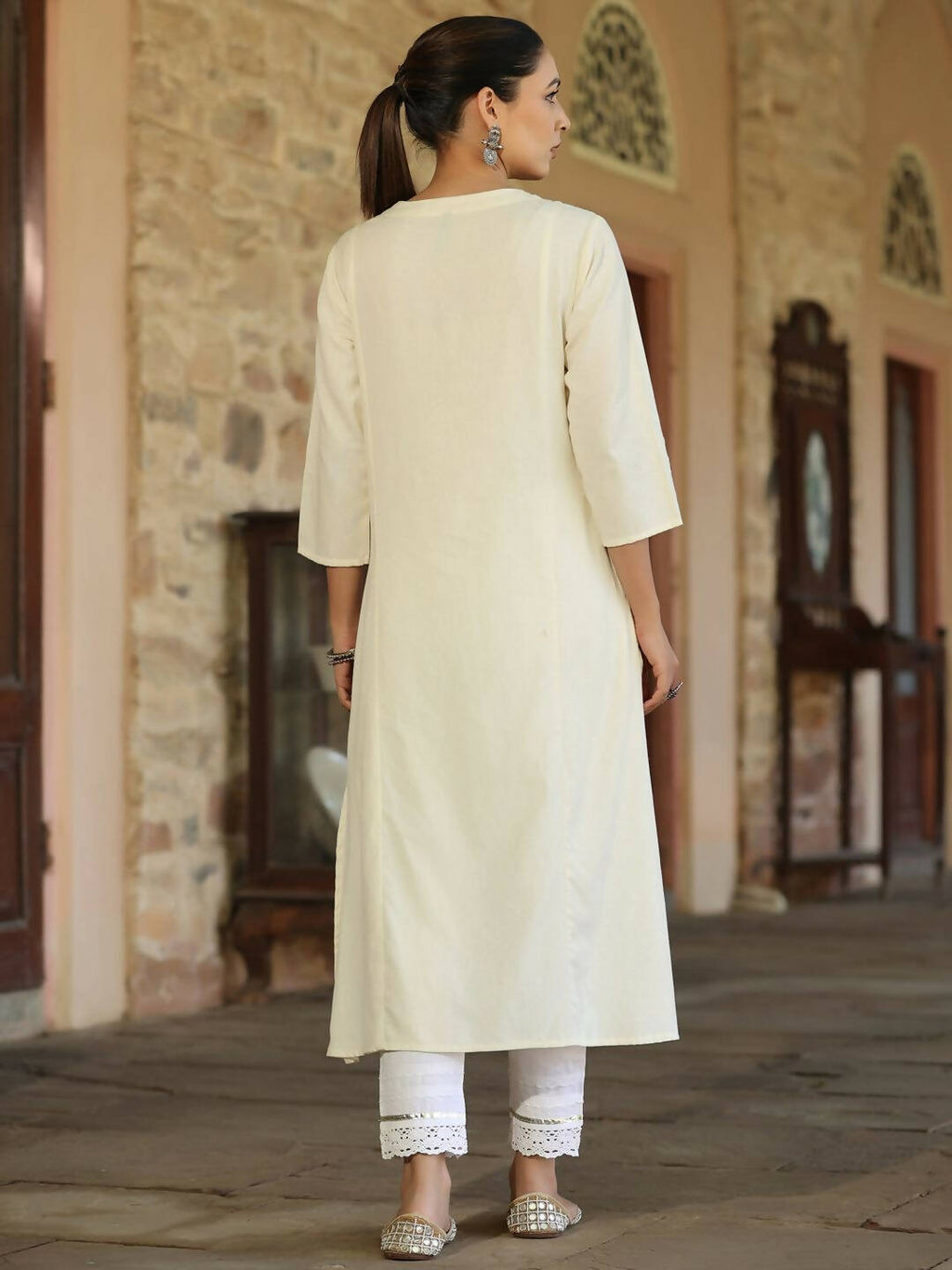 Juniper Women's Offwhite Cotton Flex Embroidered Straight Kurta - Distacart