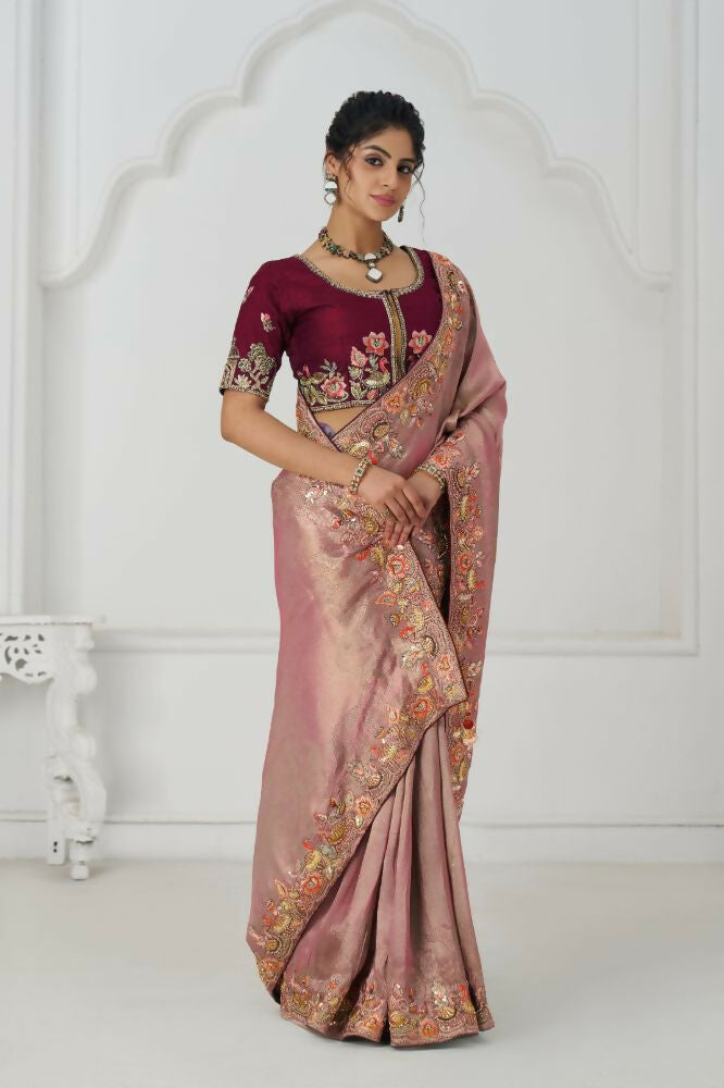 Kesar Fab Prettt Pink Color With Multi-Thread And Sequins Embroidery For Wedding Saree