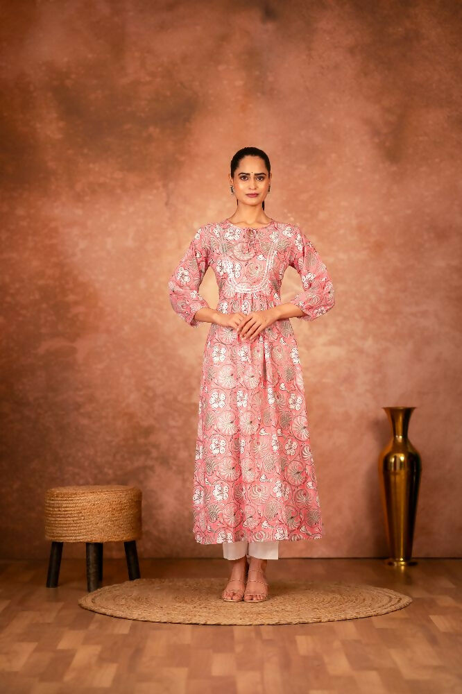 Joban Fashion Pink Floral Hand Block Printed Cotton Kurta Pant Set - Distacart